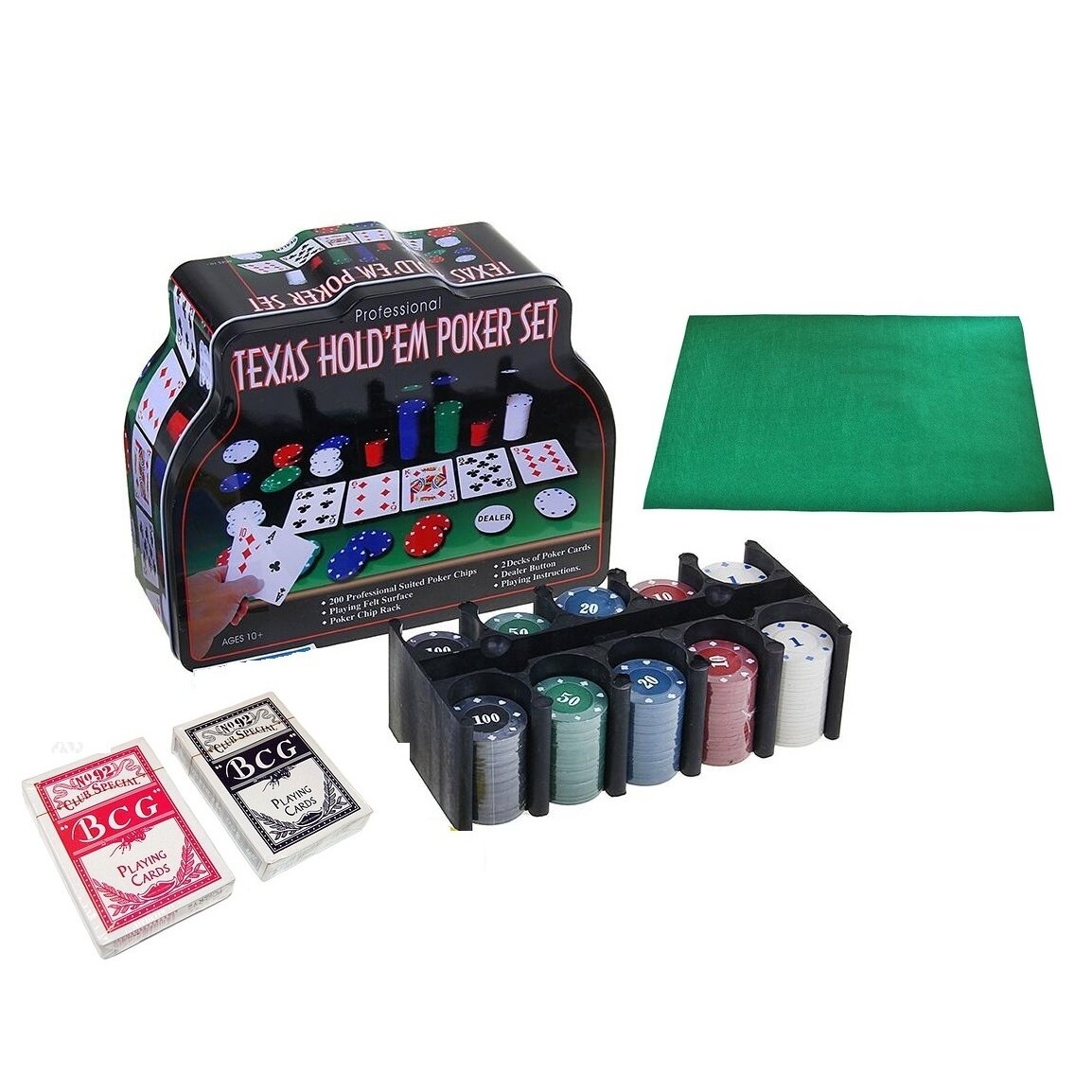 Набор для игры в покер Нескучные игры в металлической банке, 200 фишек с номиналом, 2 колоды карт, сукно (1897/BR5018)