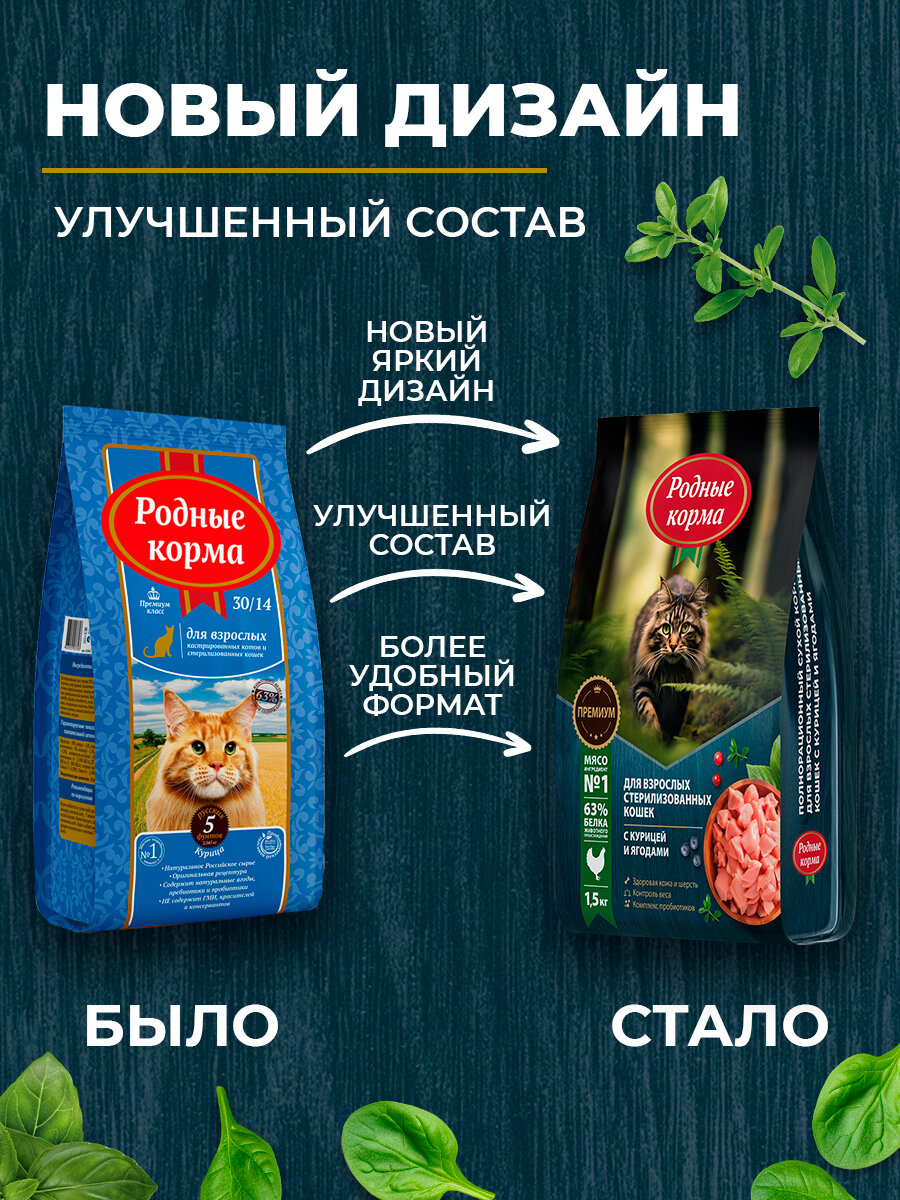 Родные корма 1,5 кг полнорационный сухой корм для взрослых стерилизованных кошек с курицей и ягодами — фото 1