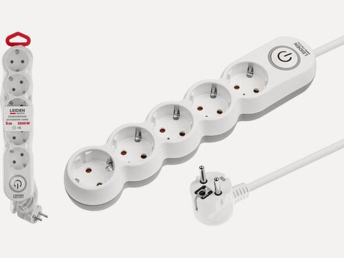 Изображение товара Удлинитель сетевой с заземлением и выключателем Leiden Electric 5 метров 5 розеток, 3,5кВт, ПВС 3х1,5 (805040)