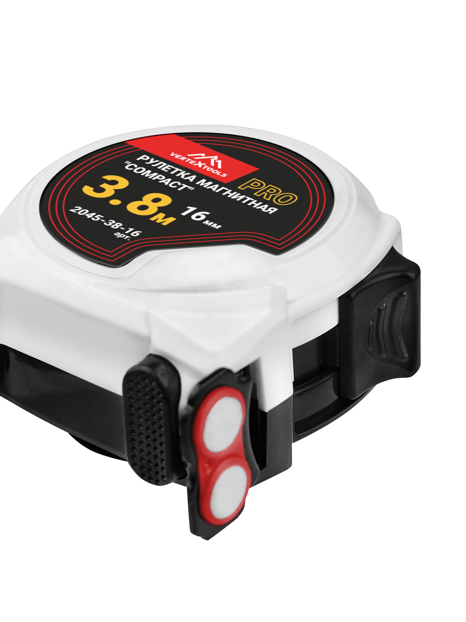 Рулетка измерительная VertexTools COMPACT 3.8 м x 16 мм, автостоп, магнит, нейлоновое покрытие, усиленный корпус — фото 1