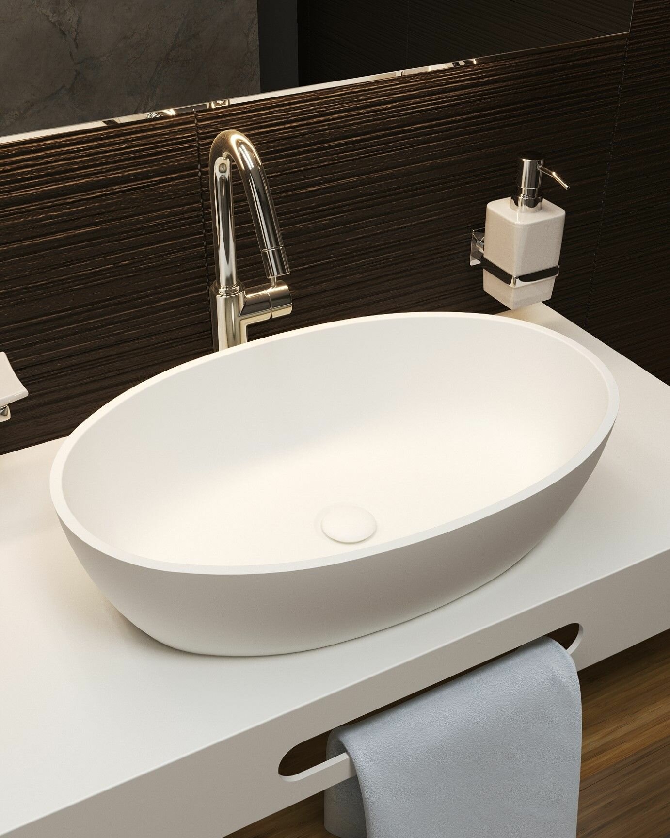 Раковина для ванной накладная из камня Radostone Rosina Solid Surface белая матовая овальная 580х380х145 мм