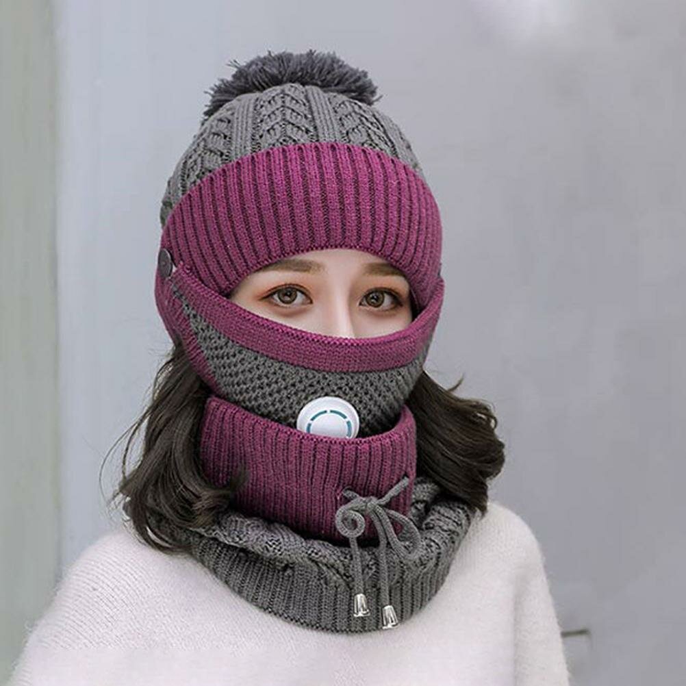 Зимняя вязаная шапка-бини 3 в 1 набор шарфов с дышащей тканью ветрозащитная теплая флисовая подкладка с помпоном для женщин и девочек катание на лыжах и велоспорт