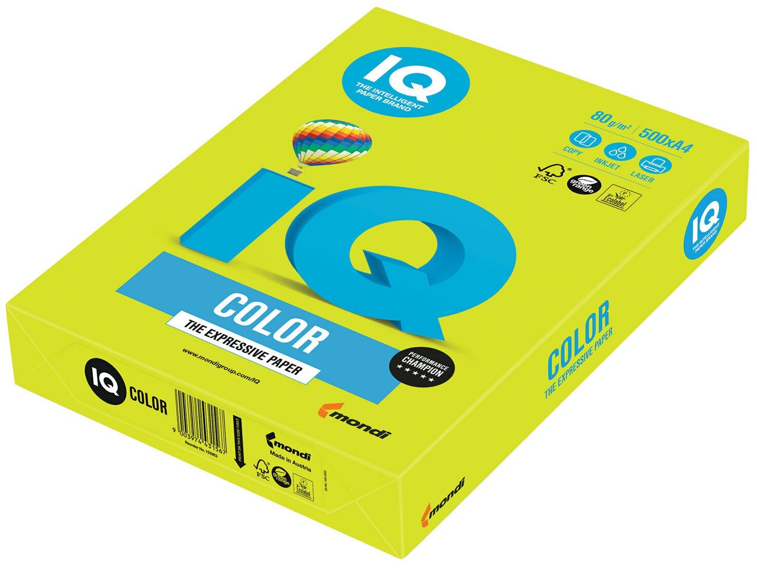 Бумага цветная IQ Color (А4, 80г/м², NEOGN-зеленый неон, 500 листов)