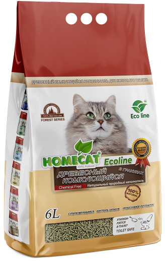 HOMECAT Ecoline 6 л древесный комкующийся наполнитель в гранулах для кошачьих туалетов