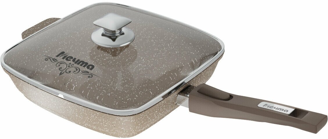 Сковорода квадратная "Мечта" 28*28см Гранит с антипригарным покрытием со съемной ручкой и крышкой, можно мыть в посудомоечной машине