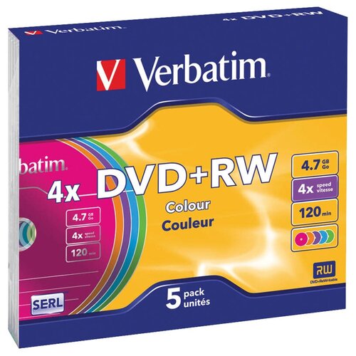 Диск DVD+RWVerbatim4.7Gb 4x Colours, 5 шт. компакт диск для записи verbatim dvd rw 4 7gb 1 4x 120min упаковка из 5 штук