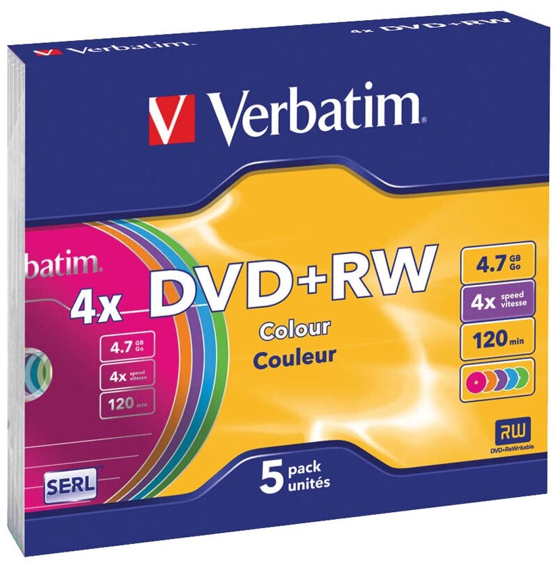 Оптический диск DVD+RW VERBATIM 4.7Гб 4x, 5шт., slim case, разноцветные [43297]