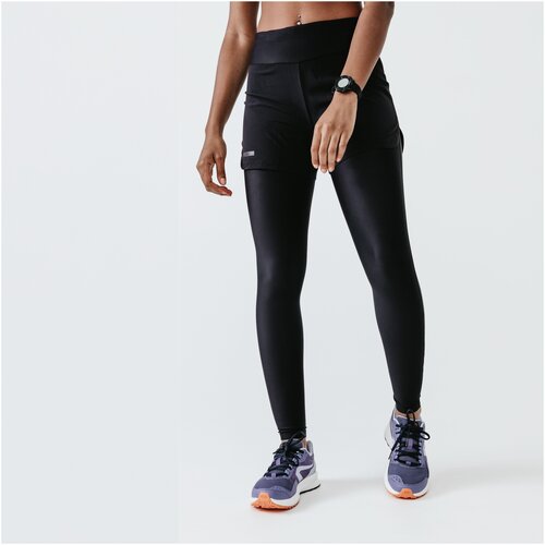 фото Длинные тайтсы со встроенными шортами женские run dry+ черные, размер: xs / w26 l28, цвет: черный/черный/черный kalenji х декатлон decathlon