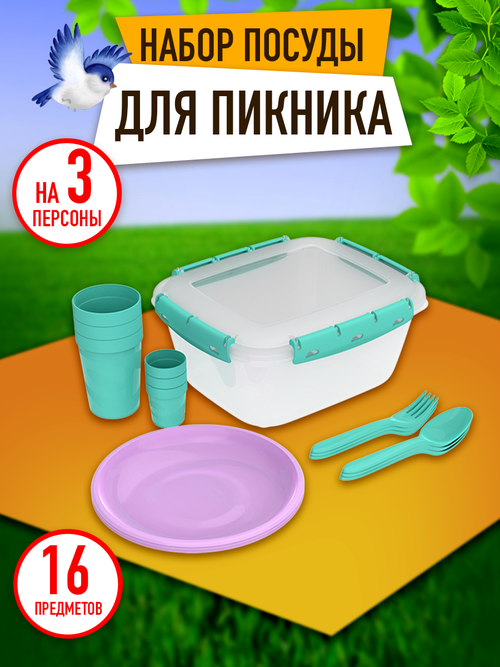 Набор посуды для пикника №19 «На троих – 2» (3 персоны, 16 предметов) / АП 778