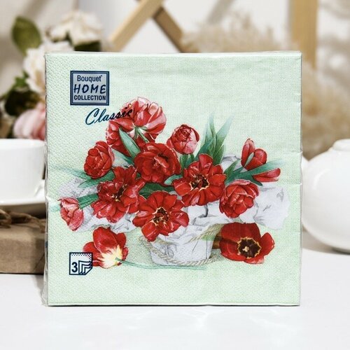 Салфетки бумажные Home Coll. Сlassic Декоративные тюльпаны 3 слоя,33x33, 20 листов