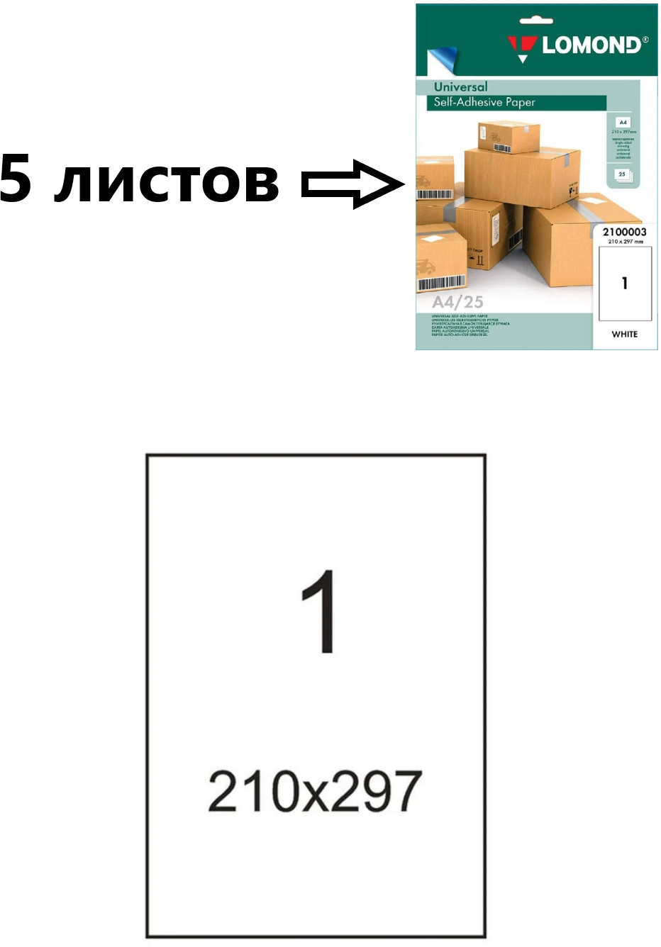Этикетки самоклеящиеся бумага А4, 5 листов, матовая, LOMOND, 1 этикетка (Цельный лист ), 210х297 мм, белый, в индивидуальной упаковке