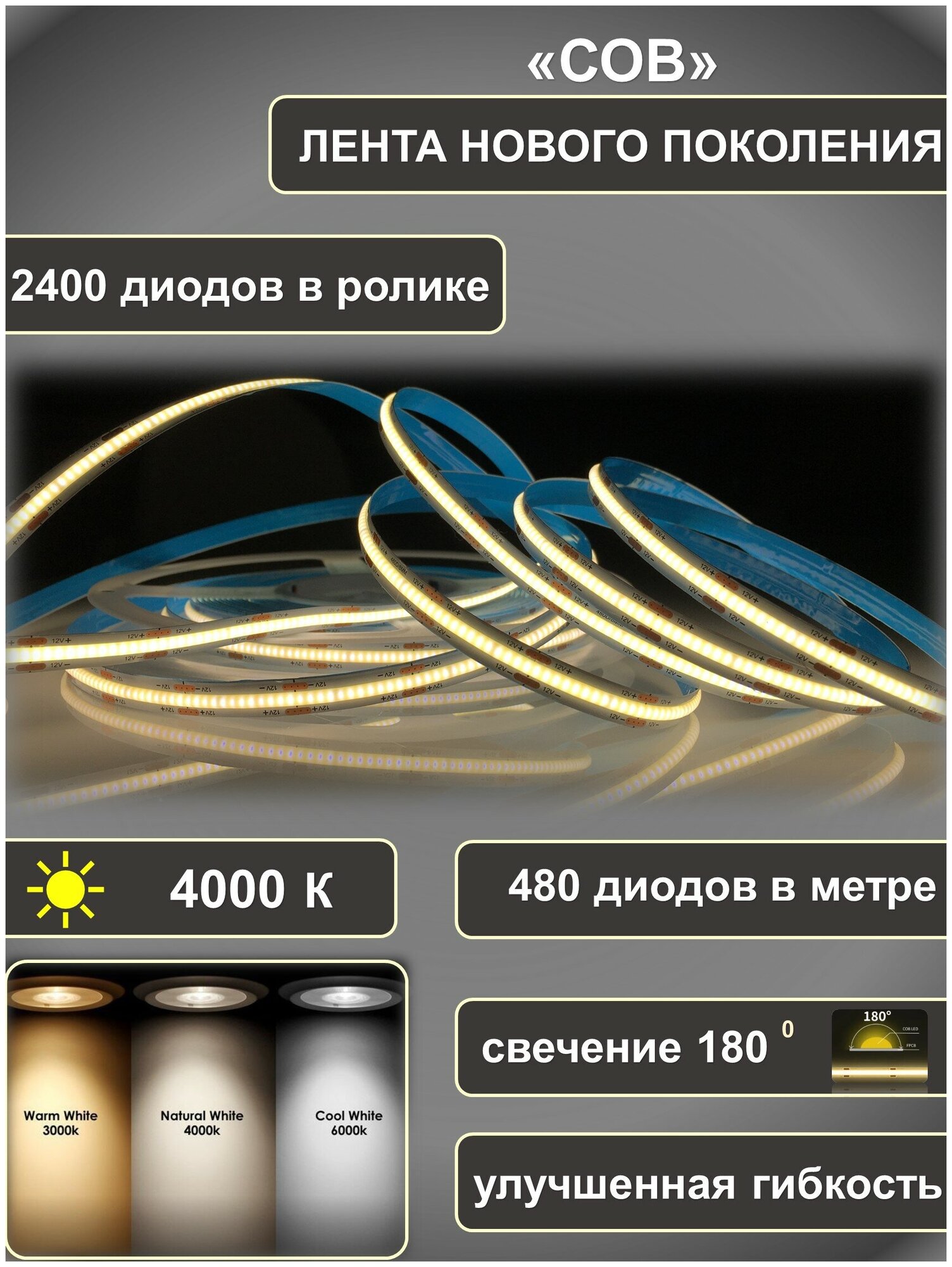Светодиодная лента COB 5 метров, сплошной свет без точек, ip20, гибкая, 480 диодов/м, дневной белый свет 4000К - фотография № 2