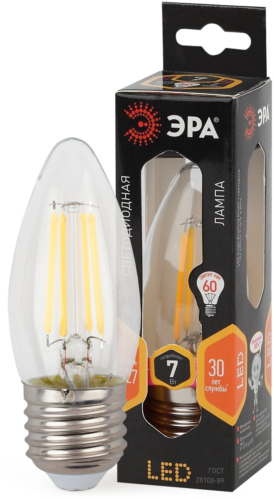 Лампочка светодиодная ЭРА F-LED B35-7W-827-E27 Е27 7Вт филамент свеча теплый белый свет арт. Б0027950 (1 шт.)