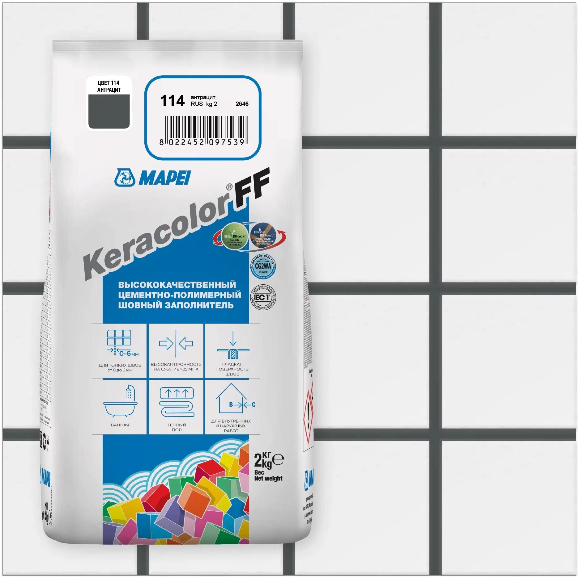 Затирка Mapei Keracolor FF №114 антрацит 2 кг - фотография № 3