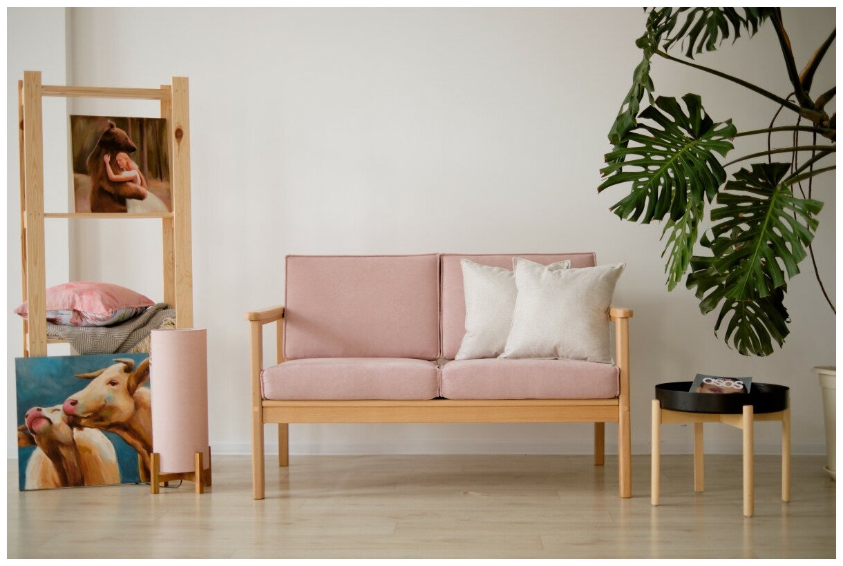 Дизайнерский диван кушетка Soft Element Лориан, массив дерева, подушки, велюр, розовый, стиль скандинавский лофт, в офис, салон красоты