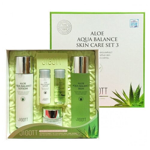 Jigott Набор для лица 3 предмета + 2 мини-версии с алоэ, ALOE AQUA BALANCE SKIN CARE SET3 набор для лица moisture homme skin care 2 set тонер 150 30мл лосьон 150 30мл