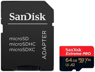 Карта памяти SanDisk Extreme Pro microSDXC Class 10 UHS Class 3 V30 A2 170MB/s 64 GB, чтение: 170 MB/s, запись: 90 MB/s, адаптер на SD