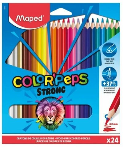 Комплект 3 шт, Карандаши цветные MAPED COLOR PEP'S Strong, набор 24 цвета, грифель 3.2мм, пластиков.корпус, 862724