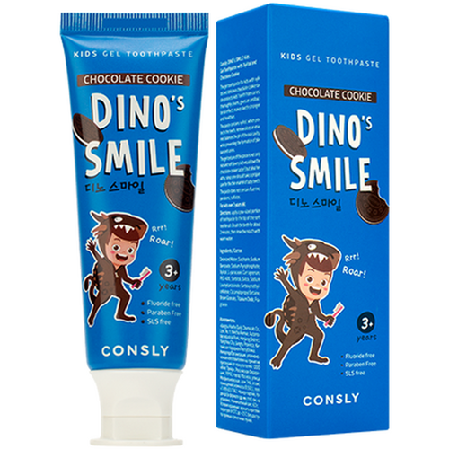 Детская гелевая зубная паста DINO's SMILE c ксилитом и вкусом шоколадного печенья, 60г, Consly consly паста зубная гелевая детская dino s smile с ксилитом и вкусом шоколадного печенья 60г 2 штуки
