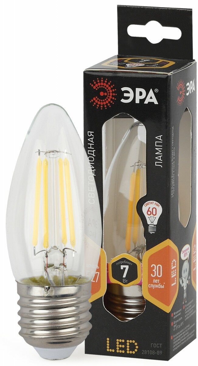 ЭРА Лампа светодиодная E27 7Вт ЭРА F-LED B35-7w-827-E27