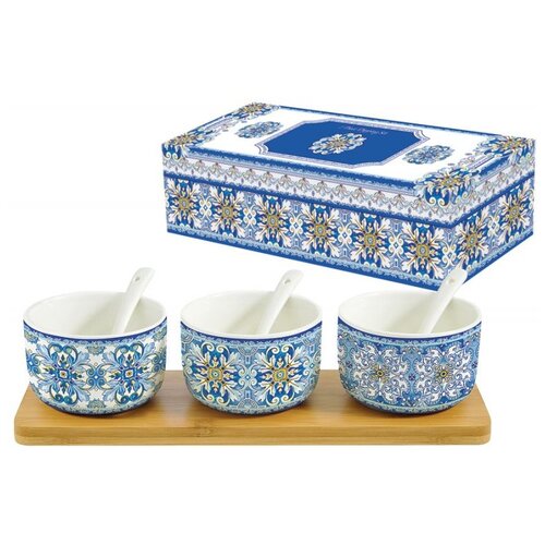 фото Набор для закуски: 3 салатника с 3 ложками на подносе майолика (голубая) easy life