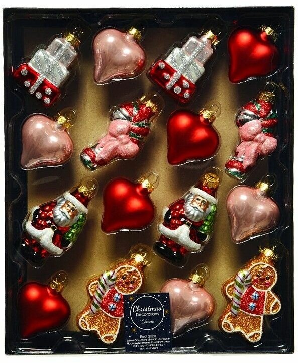 Набор стеклянных ёлочных игрушек красный и розовый, 5.5-8.5 см (упаковка 16 шт.), Kaemingk (Decoris)