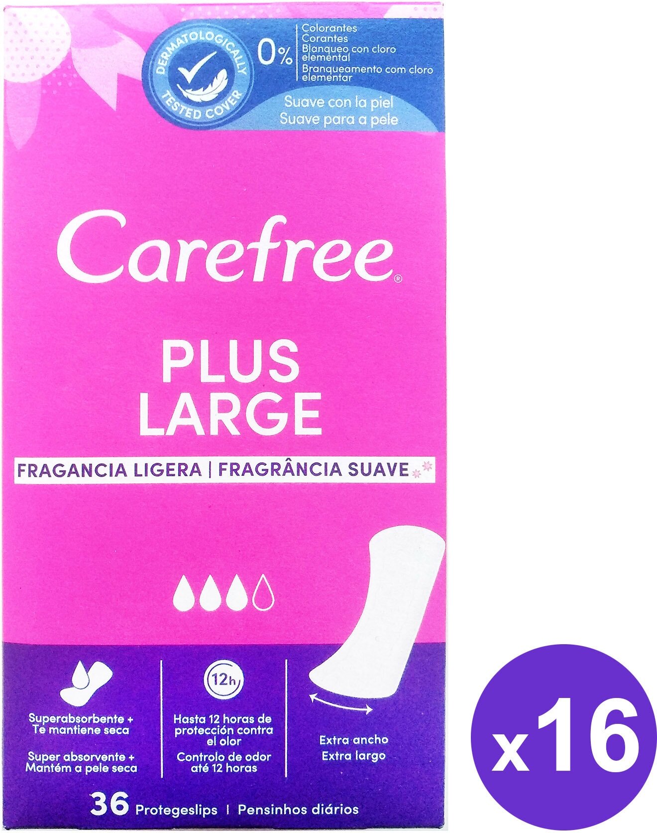 Ежедневные женские прокладки Carefree Plus Large (576 шт) легкий аромат, 3 капли, 16 уп по 36 шт, ежедневки Кефри