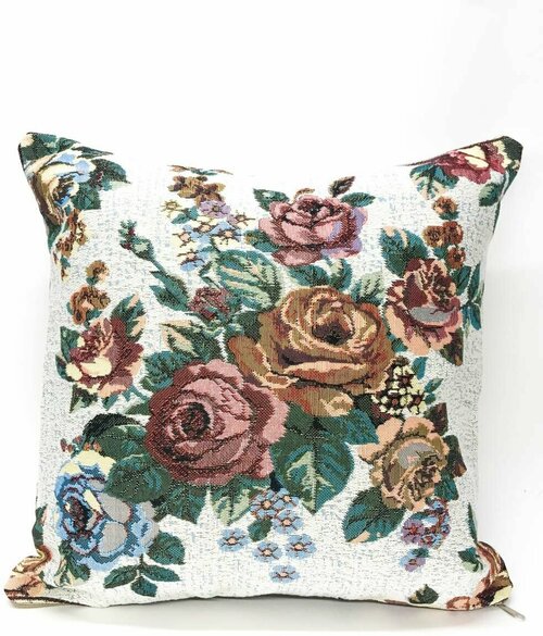 Наволочка для декоративной подушки 40х40 (+-3см) с рисунком Цветы Розы. Из гобелена, на молнии. Чехол на подушку декоративный