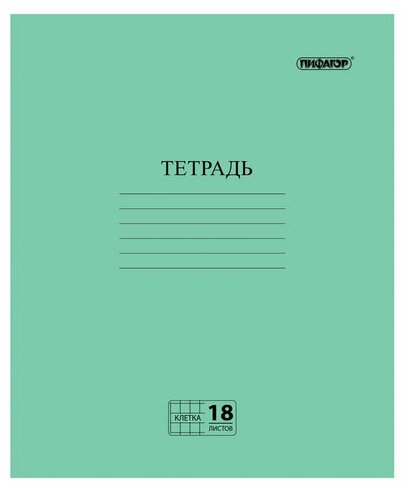 Тетрадь Пифагор зеленая обложка, 18 листов, офсет №2, клетка с полями (104986)