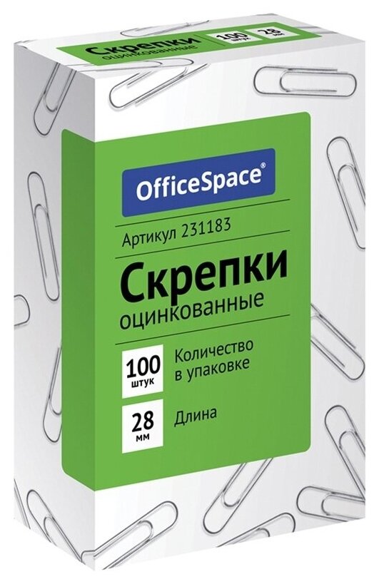 Скрепки OfficeSpace 28 мм, 100 штук, оцинкованные, картонная упаковка (231183)