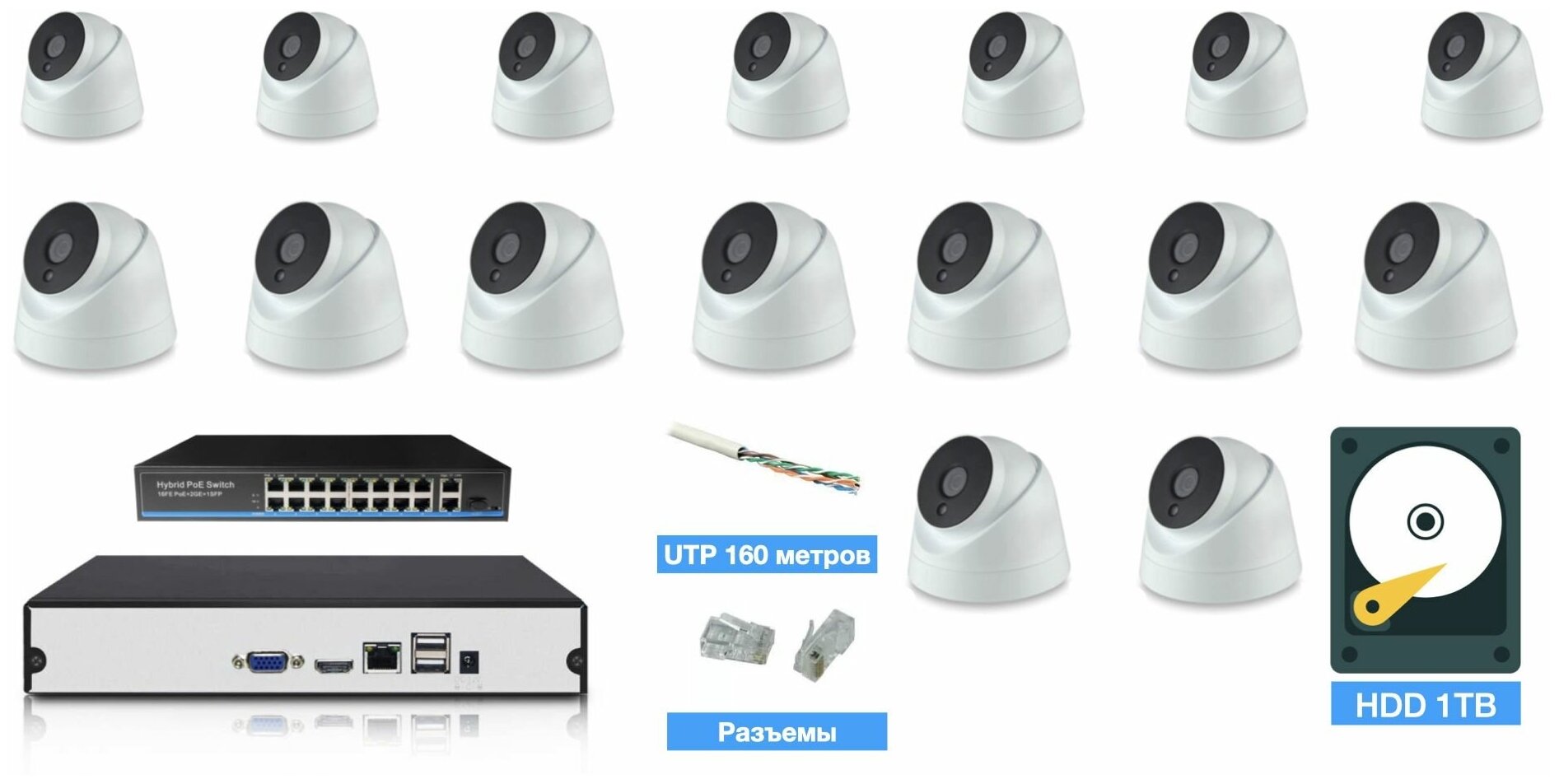 Полный IP POE комплект видеонаблюдения на 16 камер (KIT16IPPOEIP10PD3MP_HDD1TB_UTP)