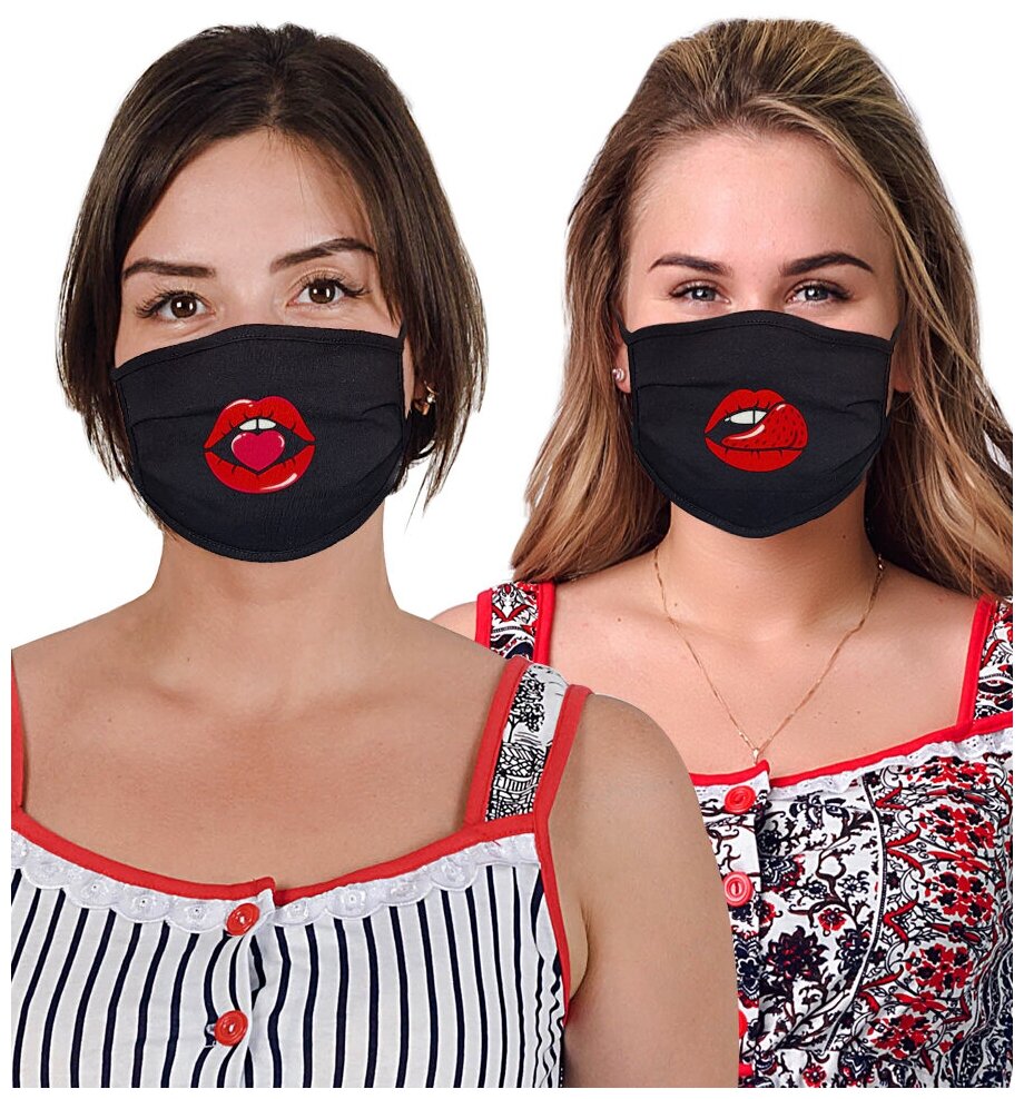 Комплект 2шт. повязок (маска) - защитная женская, 7х17см, хлопок 100%, размер S, принт красн, диз.3