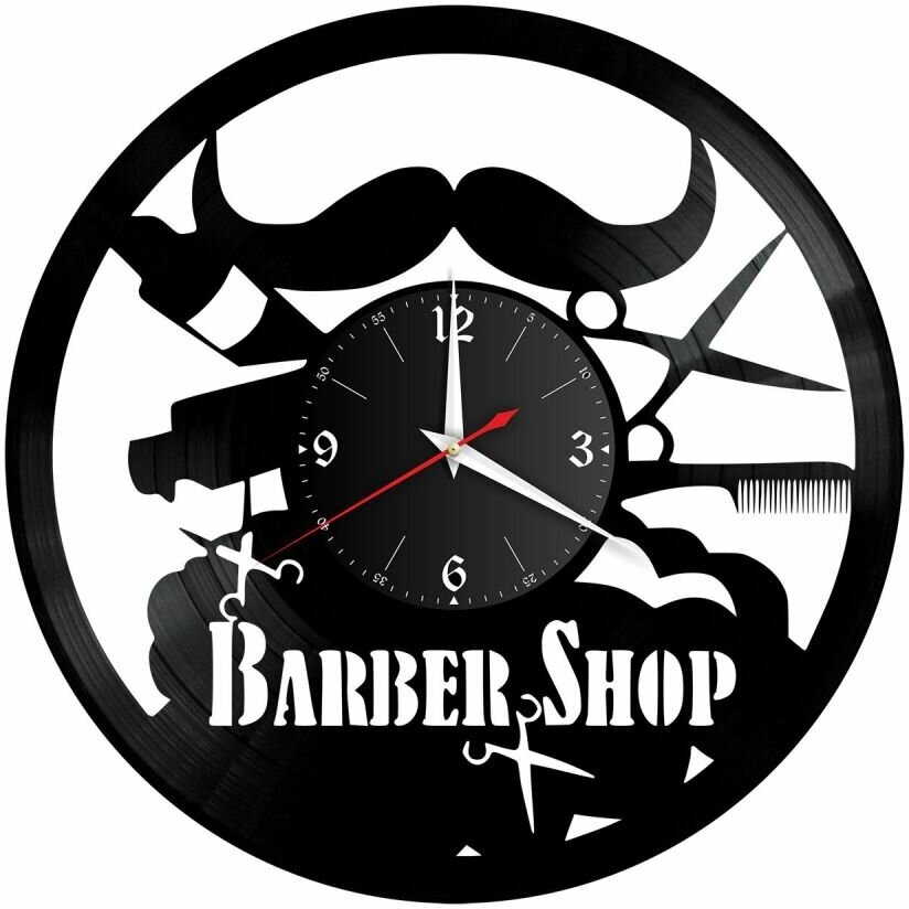 Часы из винила Redlaser "Парикмахерская (Барбершоп), Barber Shop, ножницы, фен, бритва, усы" VW-10631