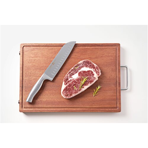 Разделочная доска деревянная c желобком и металлической ручкой HUOHOU Sapelli Cutting Board (HU0251 Brown RUS) Русская версия, коричневая. 400x280x30 мм