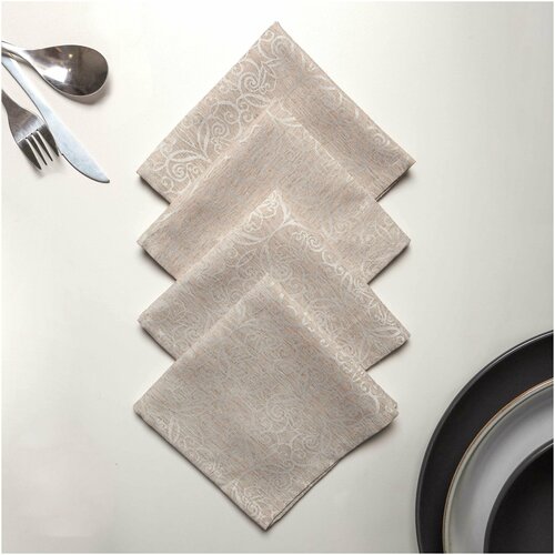 Набор сервировочный на стол, 4 салфетки (44х44 см). Декоративный текстиль для кухни. Полулен. (Узор с пропиткой / Ornement).