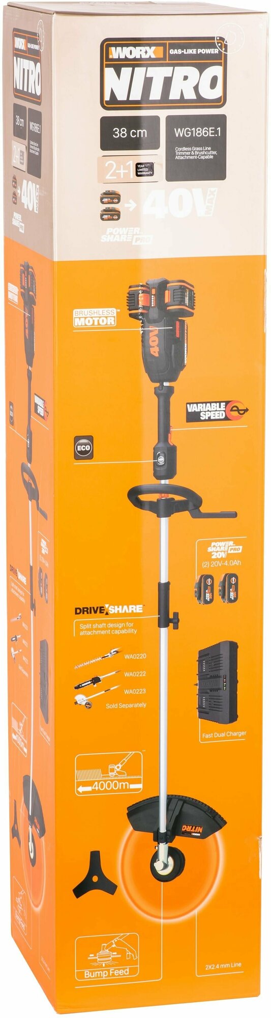 Триммер аккумуляторный WORX NITRO WG186E1 40В бесщеточный 4Ач х2 ЗУ 2А х2 коробка