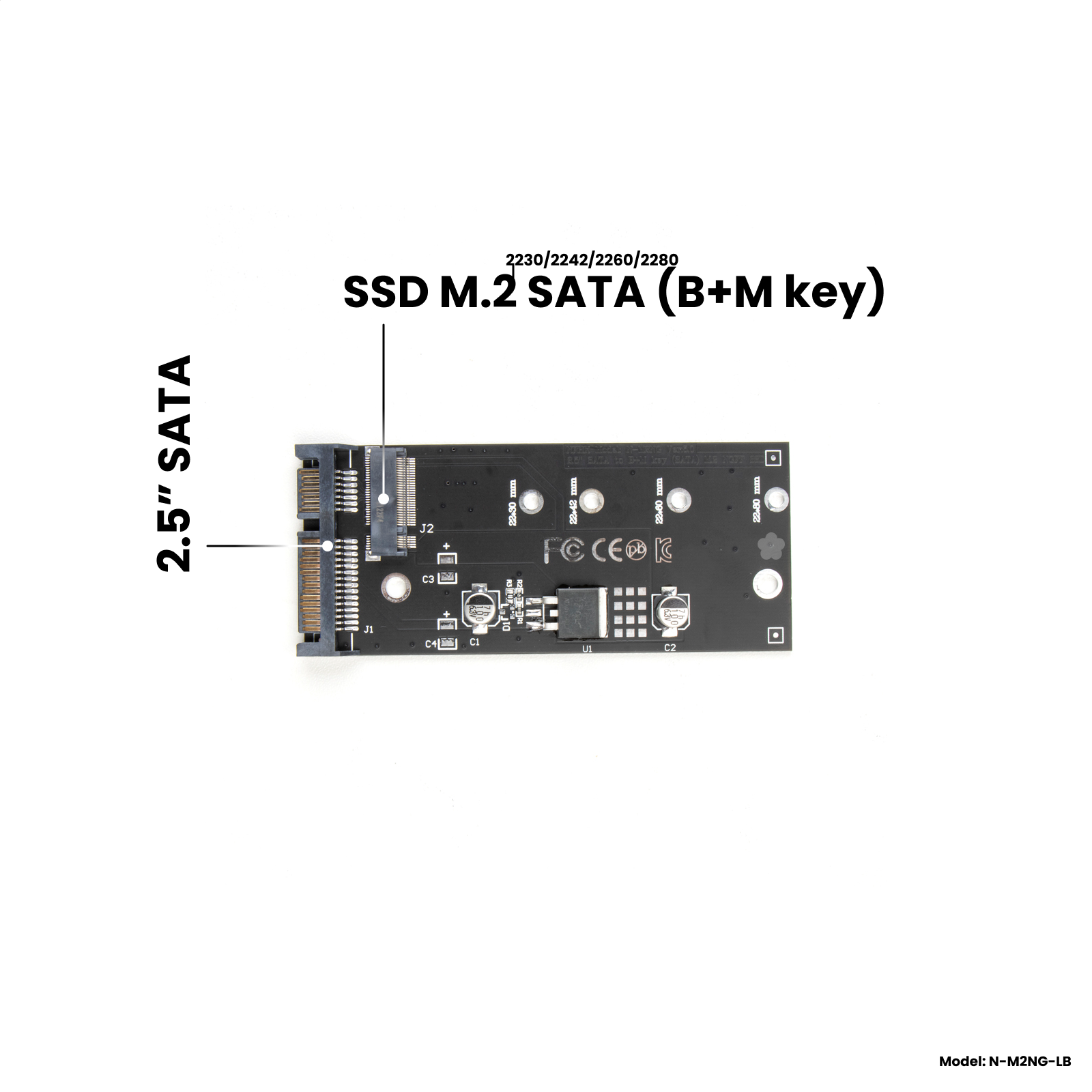 Адаптер-переходник для установки SSD M.2 SATA (B+M key) в разъем 2.5" SATA, черный, NFHK N-M2NG-LB