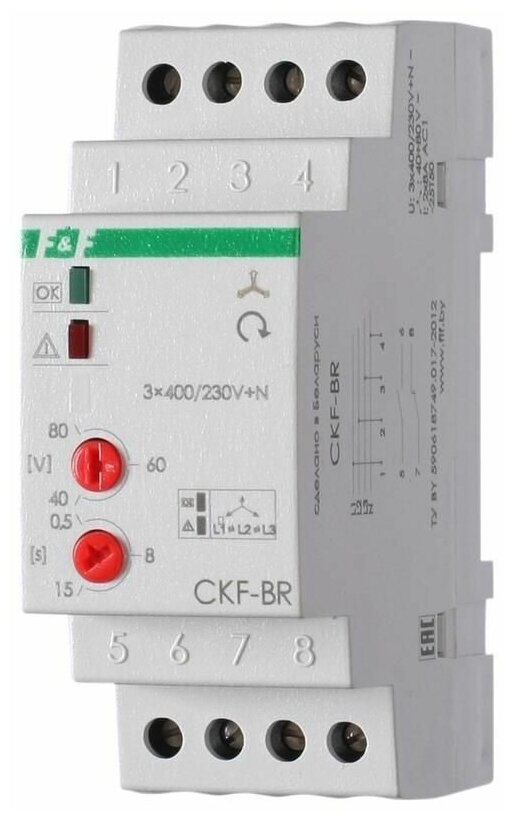 Реле контроля наличия и чередования фаз CKF-BR (монтаж на DIN-рейке 35мм; регулировка порога отключения; регулировка времени отключения; 3х400/230+N 2х8А 1Z 1R IP20) F&F EA04.002.003