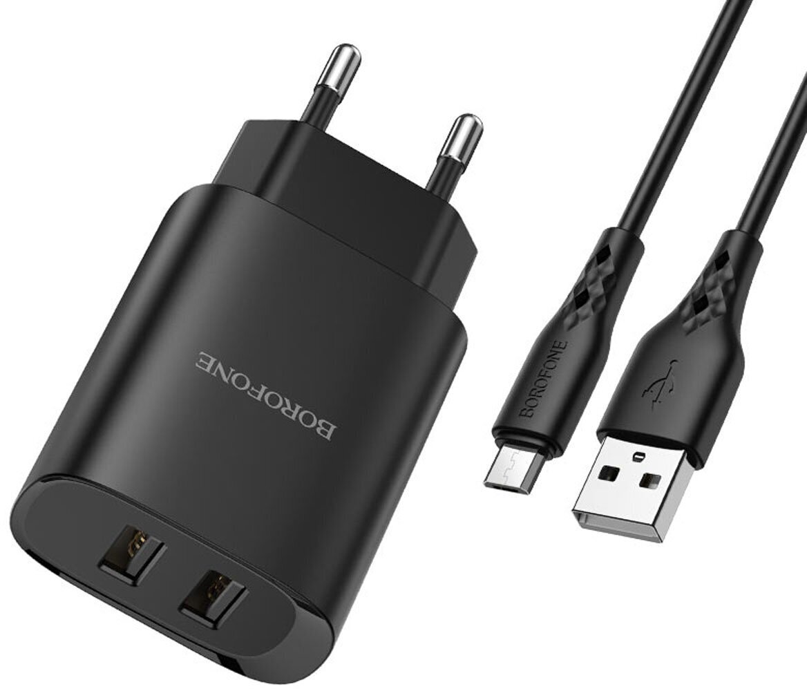 Сетевое зарядное устройство 2USB 2.1A в комплекте с дата-кабелем micro USB Borofone BN2 1м Black