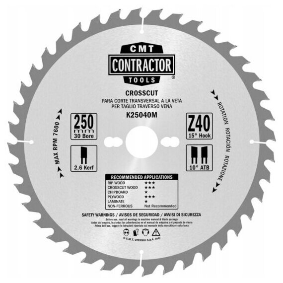 Пильный диск по дереву Cmt K25040M-X05, 250X30X2,6/1,8 10° ATB 15° Z=40