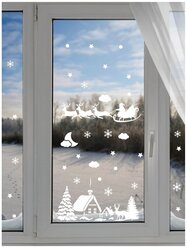 Наклейки на окно Дед Мороз на санях,елка двусторонние / новогодний декор / украшение для дома Lisadecor
