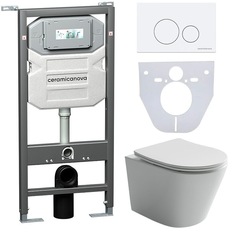 фото Комплект унитаза с инсталляцией Ceramicanova Balearica CN6000_1001W_1000 с сиденьем Микролифт и Белой клавишей смыва