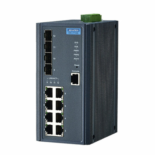 Advantech Управляемый коммутатор EKI-7712E-4F-AE Advantech Ethernet, 8 портов RJ-45, 4 порта Gigabit SFP, металлический корпус, IP30 EKI-7712E-4F-AE