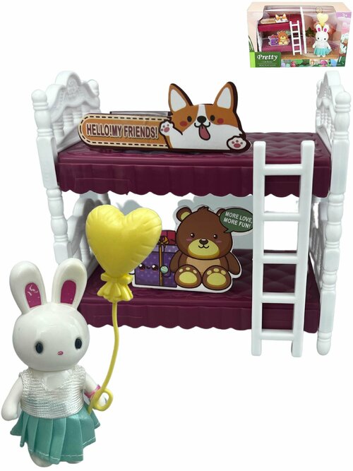 Кукла - фигурка зайчик с набором мебели и аксессуарами Спальня, кроватка с лестницей, мебель в кукольный домик
