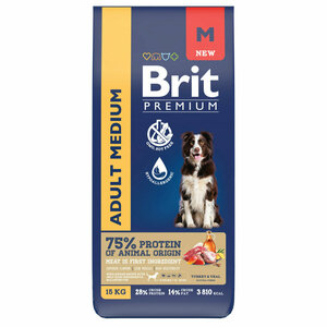 Фото Brit Premium Dog Adult Medium сухой корм для взрослых собак средних пород (10-25 кг), с индейкой и телятиной - 15 кг