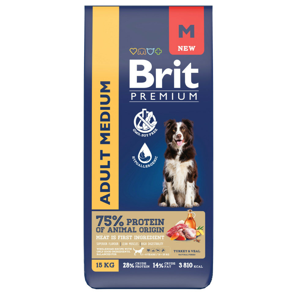 Brit Premium Dog Adult Medium сухой корм для взрослых собак средних пород (10-25 кг) с индейкой и телятиной - 3 кг