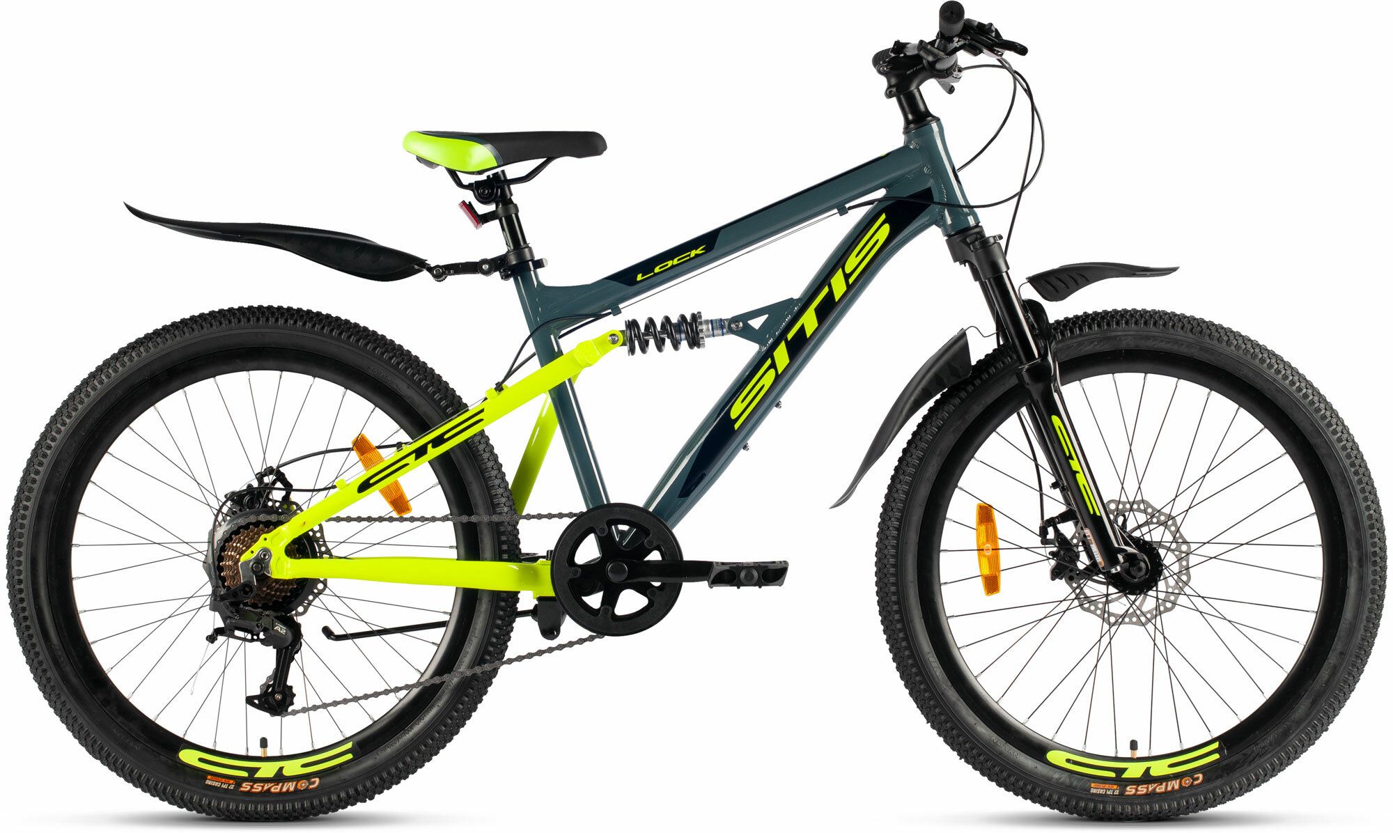 Велосипед горный SITIS LOCK 24" (2023), full-suspension, детский, для мальчиков, мужской, алюминиевая рама, 7 скоростей, дисковые механические тормоза, цвет Dark Grey-Green-Black, серый/зеленый/черный цвет, размер рамы 12", для роста 130-145 см