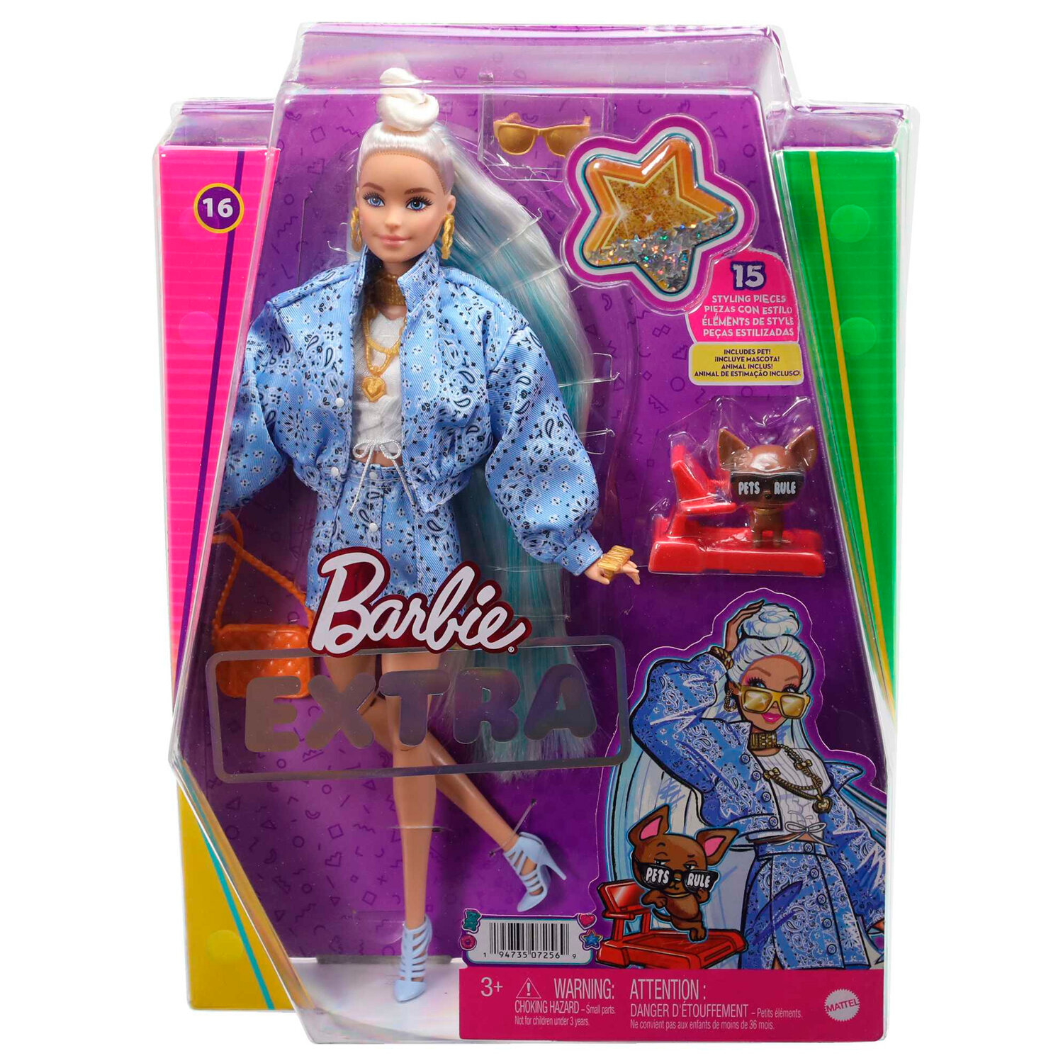 HHN08 Игровой набор Barbie EXTRA - Кукла Барби с 15 модными аксессуарами и фигуркой собачки (материал: пластик, текстиль), серия EXTRA, возраст 3+