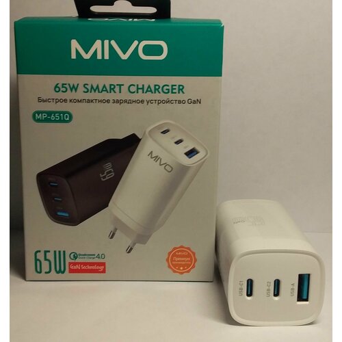 Адаптер 220>USB MIVO MT-651Q 4A (65w)Белая USB +2Type-C ускорен зарядка белый