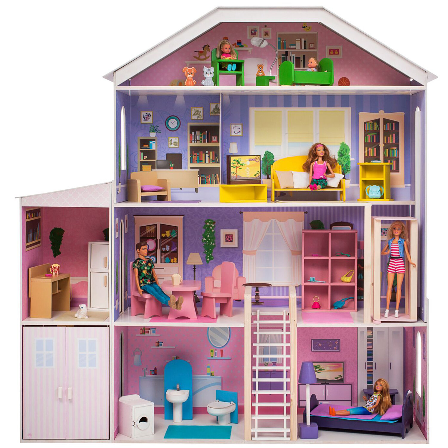 Деревянный кукольный домик "Фантазия", с мебелью 23 предмета в наборе и с гаражом, для кукол 30 см PD316-03